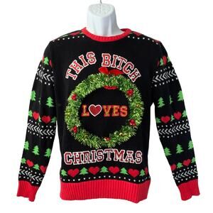 Spencer's THIS B?TCH LOVES CHRISTMAS Light Up 3D Tinsel Wreath Sweater Size S